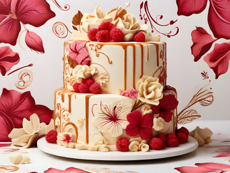 Two tier cake decorated with raspberries, flowers and leaves on a white background.の素材