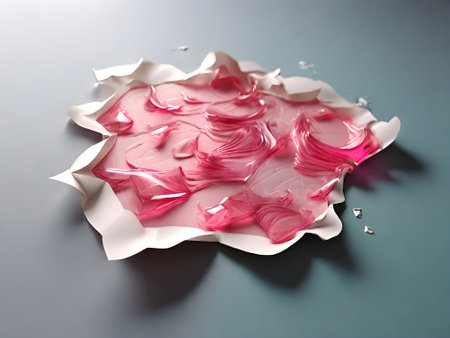 Crumpled sheet of paper with pink paint on a grey backgroundの素材