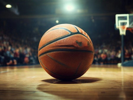 Basketball ball on the floor of a basketball court during the gameの素材