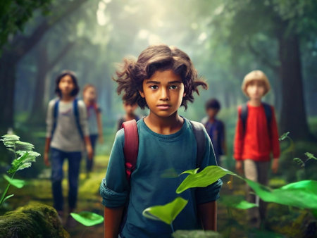 Portrait of a little boy with his friends in the forestの素材