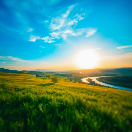 Vibrant landscape background featuring scenic mountains, calm river, glowing sunset sky, and open fields. Perfect for posters, website headers, presentations, or digital art projects, Generated AIの素材