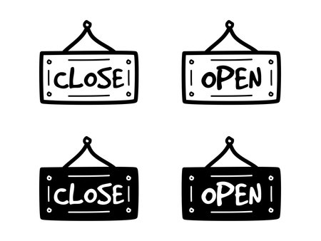 Explore our unique hand-drawn doodle icons featuring "Open" and "Close" sign boards. Perfect for shops, cafes, and businesses, these versatile vector illustrations offer a charming, artisanal touch for your designs. Easily scalable and editable for web, print, and mobile apps.のイラスト素材