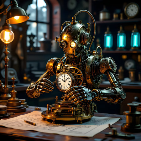 A detailed steampunk robot assembling a vintage clock in a retro workshop, featuring brass gears, glowing lamps, and intricate machinery. Perfect for sci-fi, retro, and fantasy design projects., Generated AIの素材