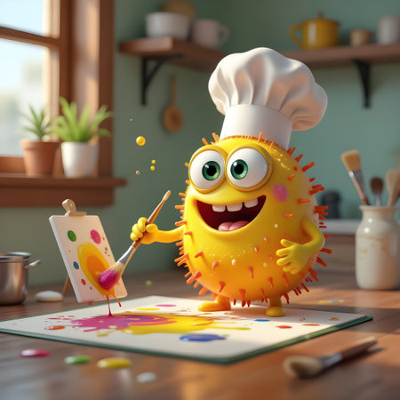 A cheerful fuzzy yellow character with big eyes painting vibrant colors in a cozy studio, creating a playful and creative atmosphere perfect for childrenâs content, illustrations, and fun visual designs., Generated AIの素材