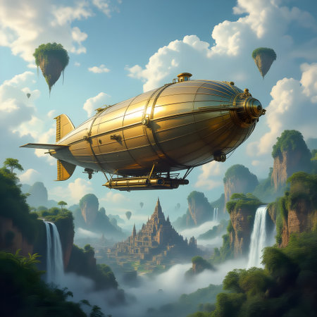 A detailed steampunk airship soars above a glowing fantasy landscape at sunset, featuring vibrant skies, crystal mountains, and sci-fi atmosphere with intricate metallic design and warm lighting., Generated AI, Generated AIの素材