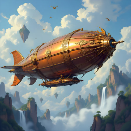 A detailed steampunk airship soars above a glowing fantasy landscape at sunset, featuring vibrant skies, crystal mountains, and sci-fi atmosphere with intricate metallic design and warm lighting., Generated AI, Generated AIの素材