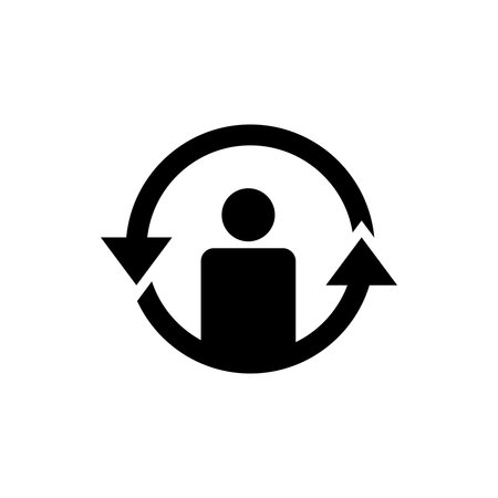 Minimal people exchange arrows icon with two human figures linked by circular arrows, representing transfer, swap, communication, collaboration, workflow, and data exchange for UI, web, and business design.のイラスト素材