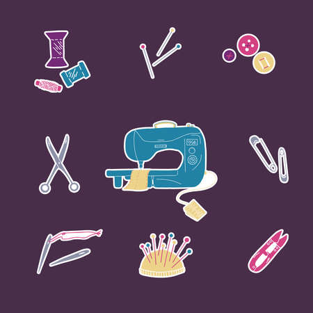 Stickers with sewing machine, scissors, neddles, pins, threads, buttons and pincushion on purple backgroundのイラスト素材