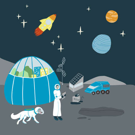 Astronaut base on the grey satellite. Handdrawn vector illustration of landscape of Moon surface with cities under the dome, radio station, robots, growing food and view on other colonies.のイラスト素材