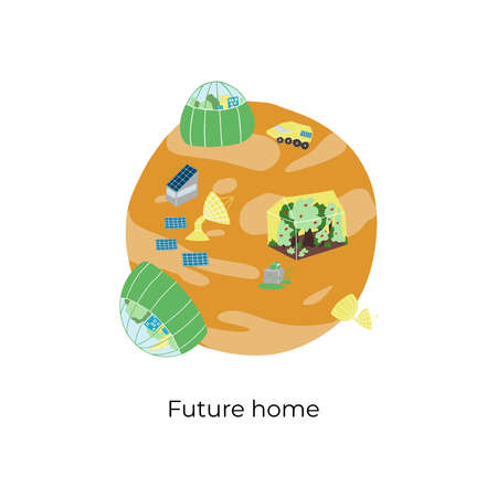 Future home on Mars. Colony on the red planet with citties under dome, greehouses, solar batteries, radio stationsのイラスト素材