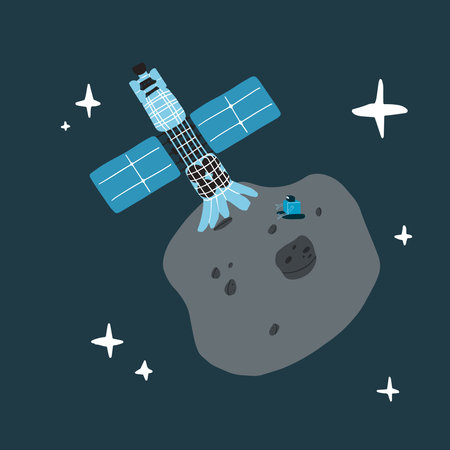 A space station is mining resourses from asteroid. Handdrawn vector futuristic illustration of...