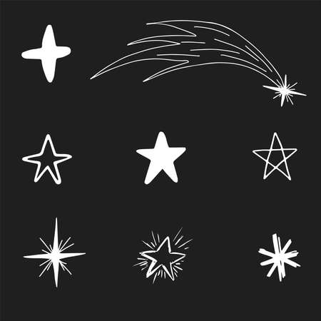 Set of hand drawn vector illustration of various stars and a comet in black and white.のイラスト素材