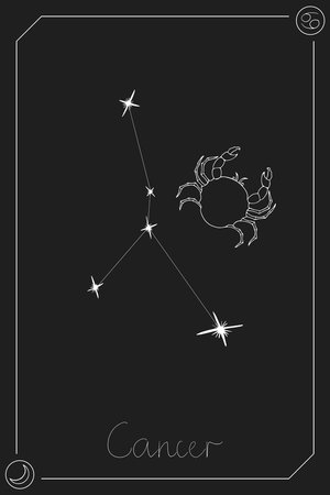 Cancer horoscope card with constelation, zodiac sign and a patronizing planet. Hand drawn vector...