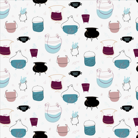 Seamless colorful handdrawn vector pattern of cauldrons for witchcraft and making potoins on white background.のイラスト素材