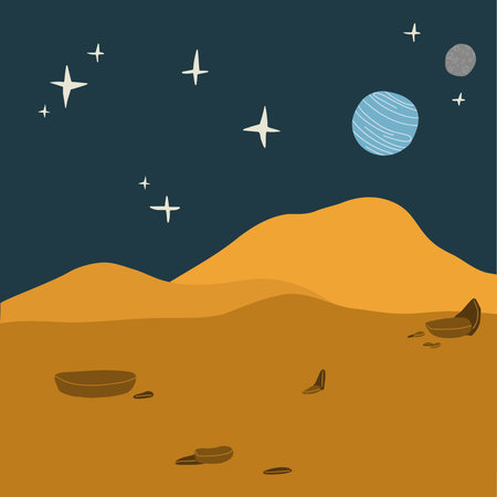 Red planet landscape. Mars vector cartoon fantasy illustration of planer surface with rocks, other...