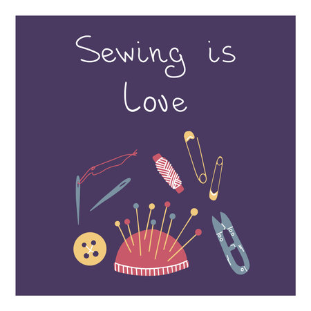 Poster with hand drawn vector sewing tools with lettering. Needles, scissors, buttons and pins on purple background. Lettering sewing is love.のイラスト素材