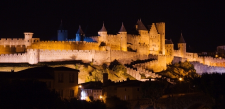Illuminated Carcassonne castle at nightのeditorial素材