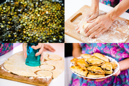 Young housewife in handmade blue and pink dress cooking tasty patties with lentil filling photo setの写真素材