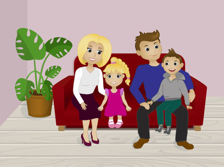 vector illustration. The family is sitting on the couch. Mom, dad, daughter and son are sitting on the couch next to a houseplant.のイラスト素材