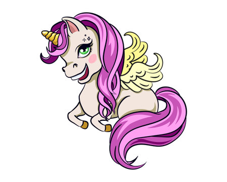 Cute cartoon unicorn with purple hair. Vector illustration isolated on white background.のイラスト素材