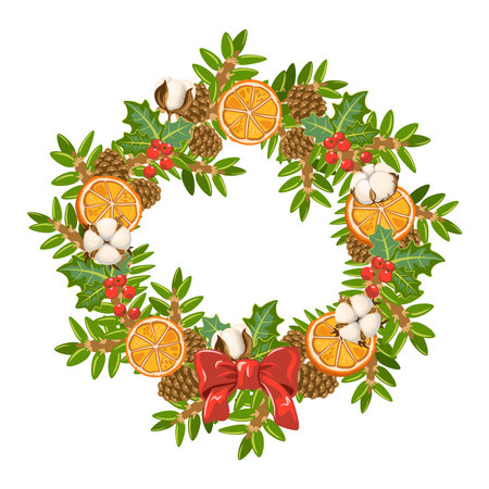 Round Christmas wreath isolated on white background. Vector illustration.のイラスト素材