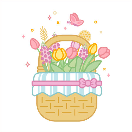 Basket with spring flowers and butterfly isolated on white background. Cのイラスト素材