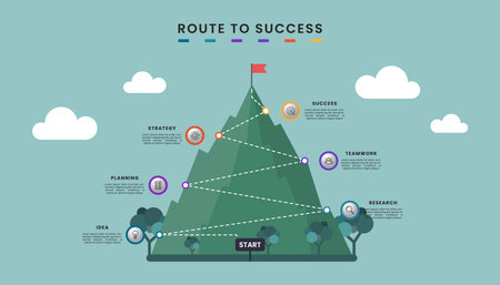 Route to success infographic. Mountain infographic with six steps or options and icons. Business strategy to success.のイラスト素材