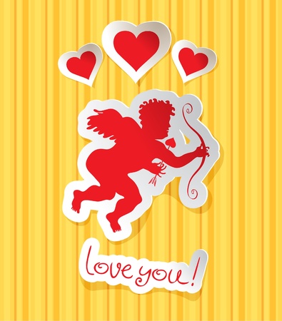 Cupid with three hearts on striped background のイラスト素材
