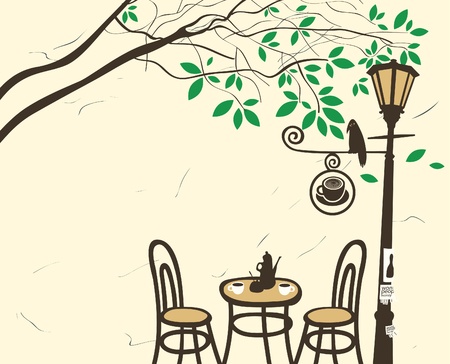 Open-air cafe under a tree with a lantern のイラスト素材