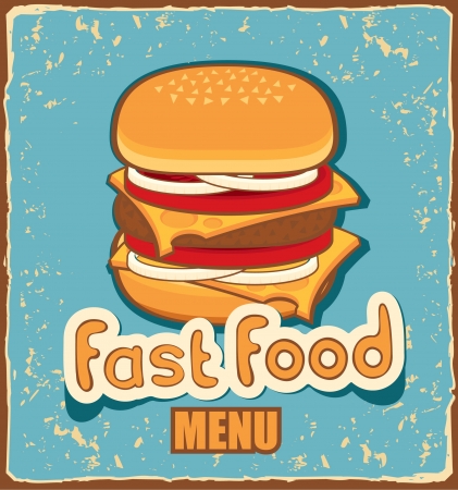 retro banner with cheeseburger on blue background のイラスト素材