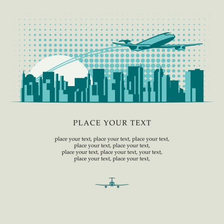 banner with passenger plane flying over major cityのイラスト素材