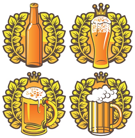four banners on topic with beer glasses, bottle and laurel wreathのイラスト素材