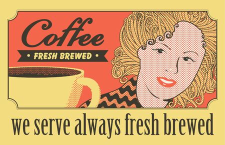 banner with a girl and a cup of coffee in retro style のイラスト素材