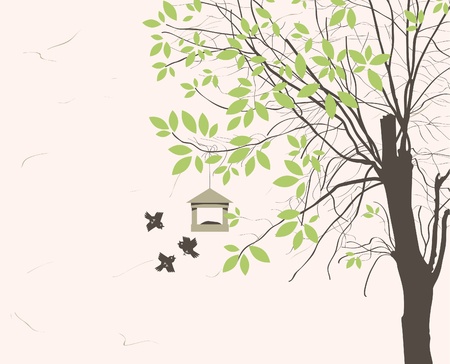 spring landscape with tree young leaves and bird feedersのイラスト素材