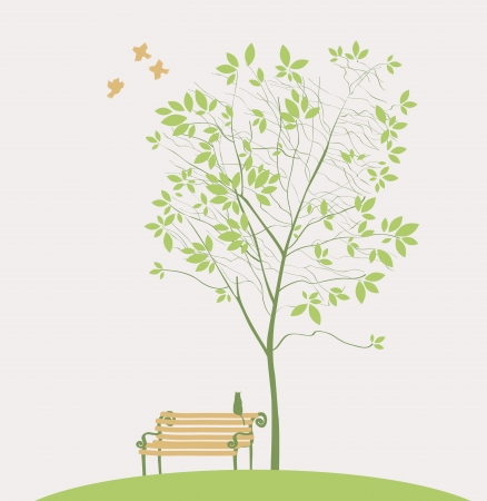 Spring tree with bench bird and catのイラスト素材