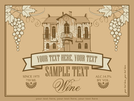 label for wine with an old stone house and a bunch of grapesのイラスト素材
