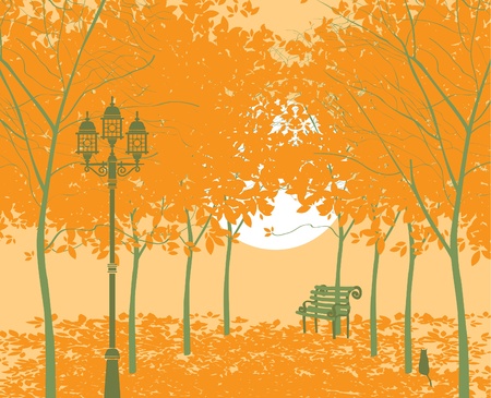 autumn park landscape with lantern and bench at sunsetのイラスト素材