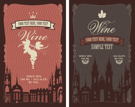 two labels for wine with the old town and a bunch of grapesのイラスト素材