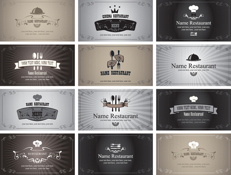 set of business cards on the theme of food and drinks in style Black and white filmのイラスト素材