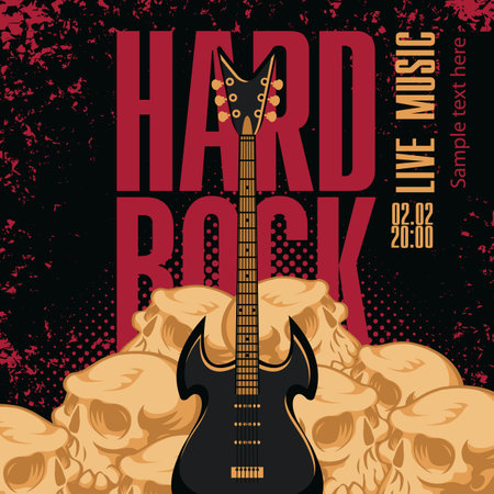 banner with electric guitar, human skulls and words hard rockのイラスト素材