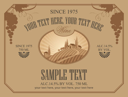 wine label with a landscape of vineyardsのイラスト素材