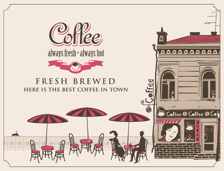 urban landscape with street cafes and couple in loveのイラスト素材