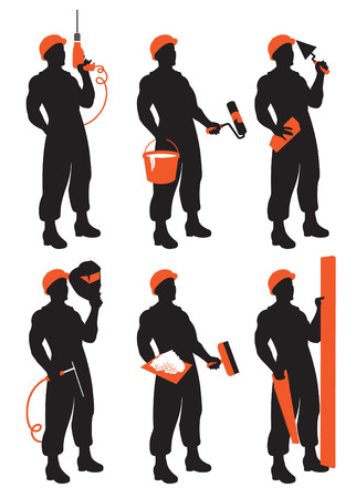 set of vector construction workers silhouettesのイラスト素材
