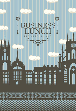 menu for business lunches with the old town and a street lampのイラスト素材