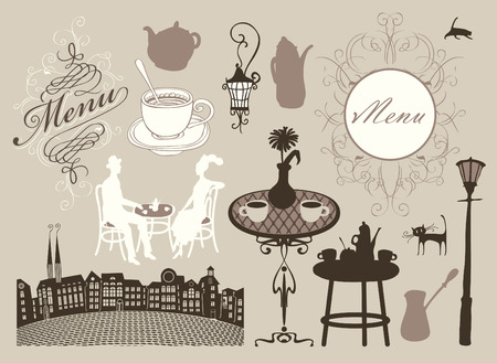 set of design elements on the subject of cafes and restaurants in retro styleのイラスト素材