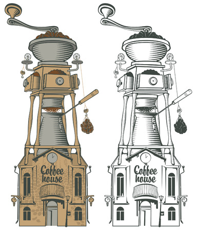 retro coffee house and grinder with roofのイラスト素材