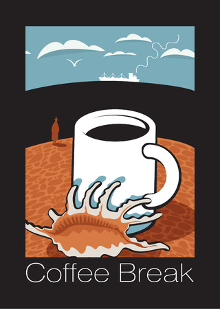cup of coffee on the beach with shells and labeled coffee breakのイラスト素材