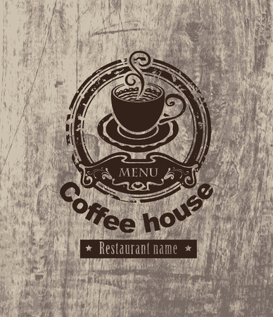 emblem of coffee on a background of wooden planksのイラスト素材