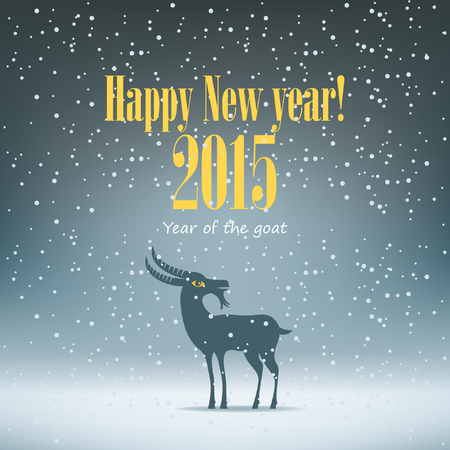 goat in winter landscape with inscription Happy New Yearのイラスト素材