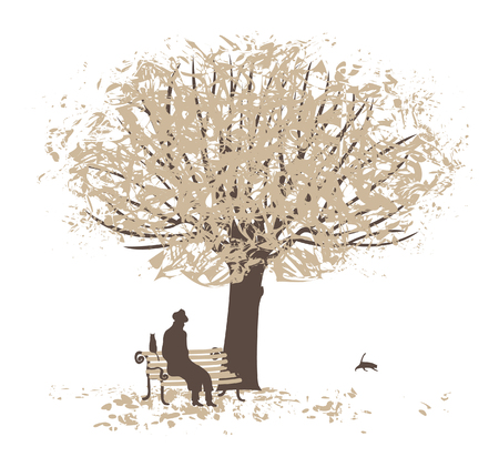 scene in a city park with trees and a man on a benchのイラスト素材